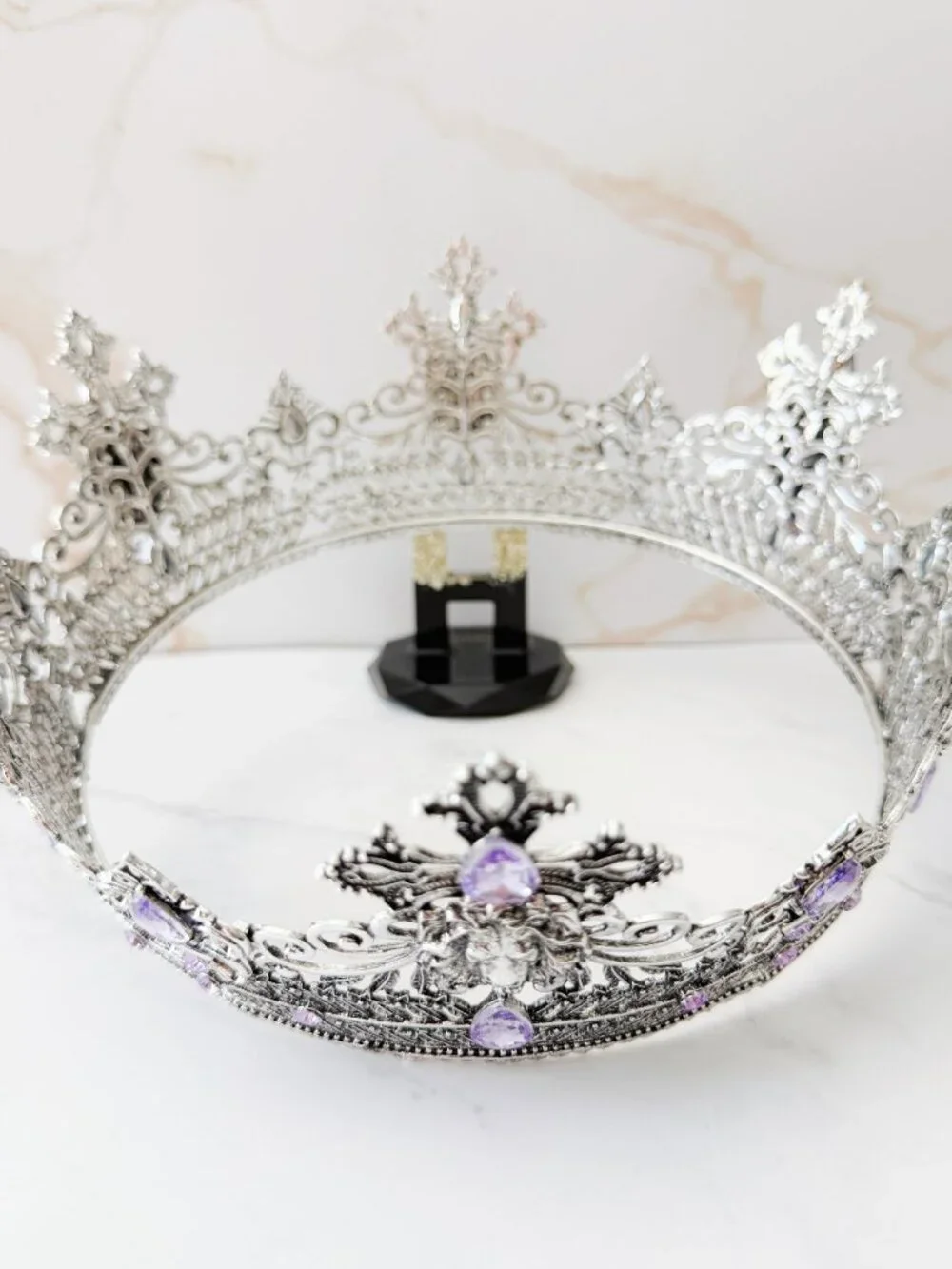 Silver Lion King Crown Purple Crystal Cross Medieval Royal Cosplay Wedding Prom
